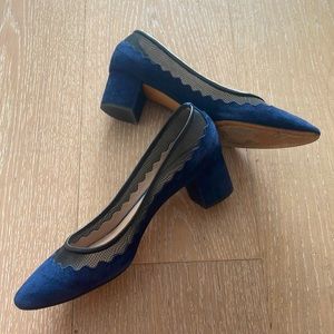 Chloe Navy Suede Scalloped Mesh Mid-Heel Block Heel Pump